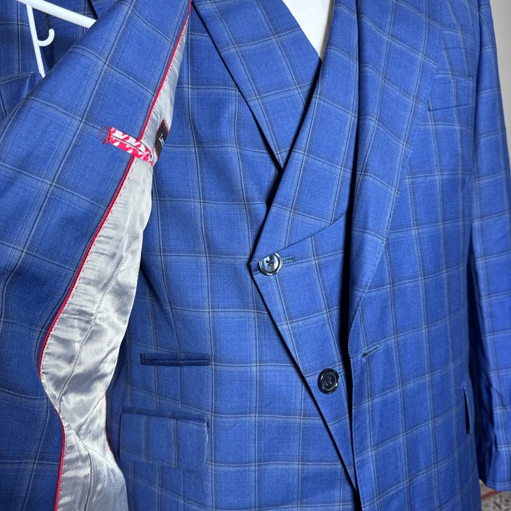 Tiglio Rosso 3-Piece Suit Mens 48R W42 Blue Windowpane Virgin Wool Peak Lapel - Picture 2 of 7